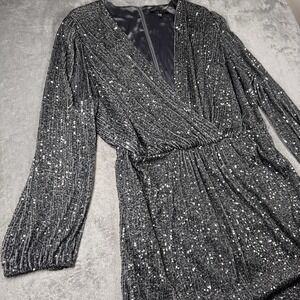 Black Sequin Wrap Cocktail Dress Stretch Size 22W Long Sleeve‎ V Neck Alex Marie